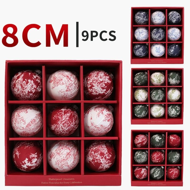 Holiday Tree Trim Set with 9 Fabric Covered Baubles, Patterned Hanging Accents for Wreath, Shelf and Window Styling