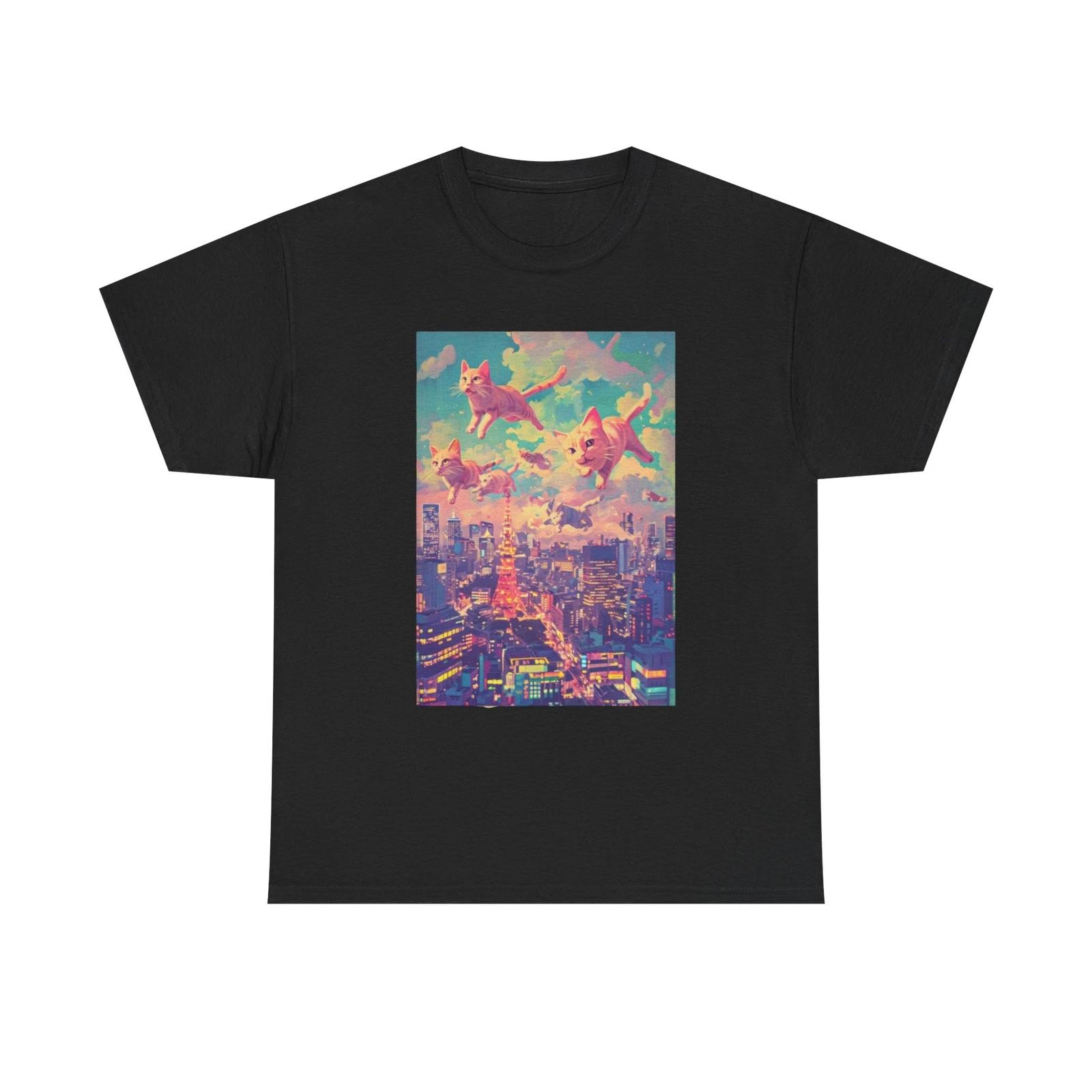 Flying Cats Over Tokyo T-Shirt, Graphic Tee, Cat Lover Gift, Animal Print Shirt S