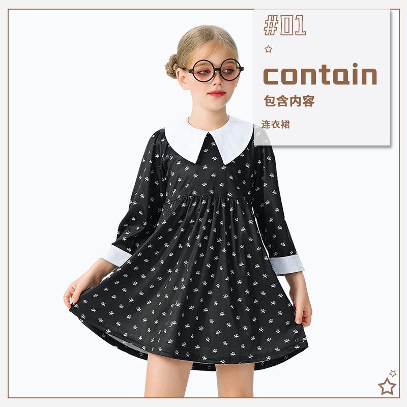 Halloween Children's Costume Adams Family Costume Wednesday Black Long Sleeve Dress Girls Party