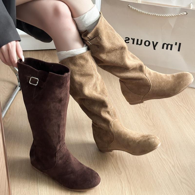 Leather inner height increase Western cowboy pile boots women's autumn and winter new thin high boots long knight boots