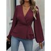 Damen einfarbiges doppelreihiges langärmliges Oberteil mit elegantem V-Ausschnitt und plissiertem Design, geeignet für Dates und Arbeit, kombiniert