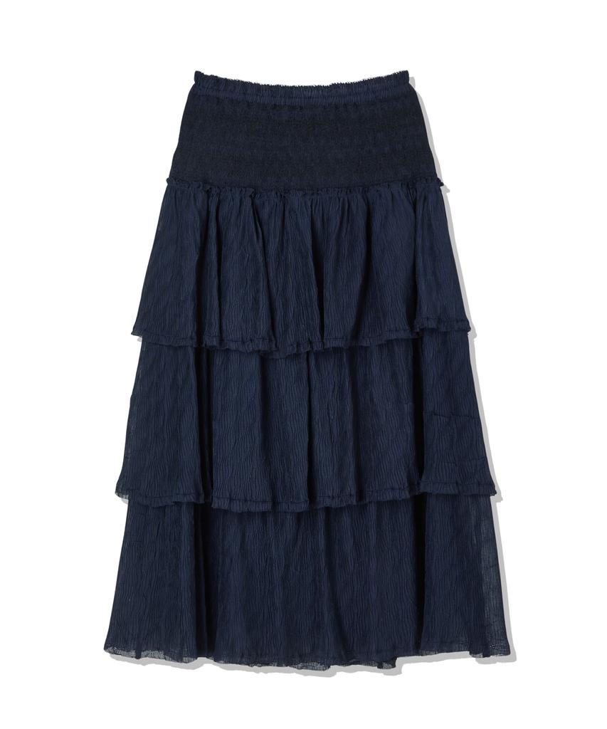 Penfield Crinkle Embroidered Smocking Tiered Skirt Navy_Fs2Ws30F