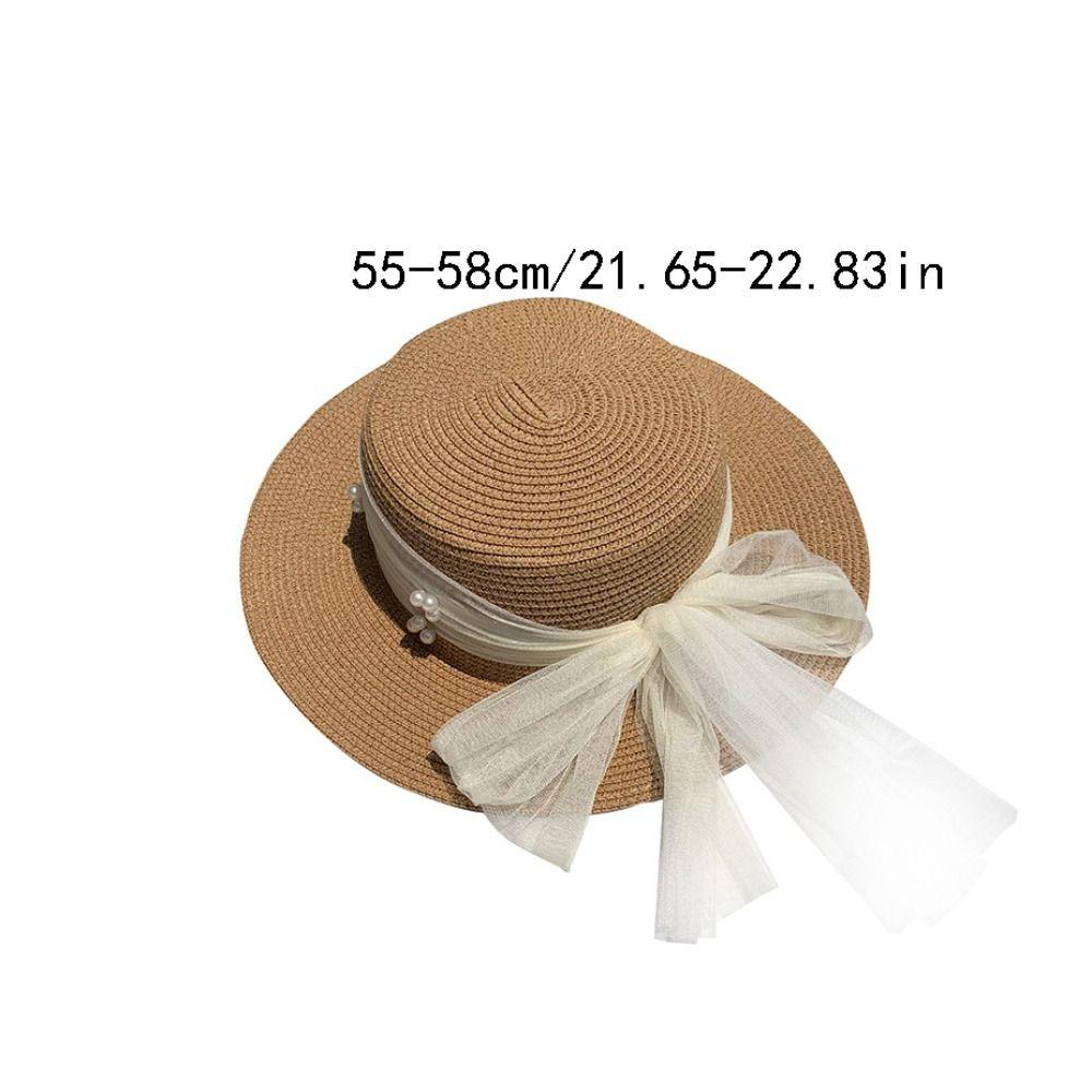 Foldable Pastoral Style Summer Straw Hat Pearl Spring Summer Wide Brim Sun Hat Elegant Lace Ribbon UV Protection Cap Beach