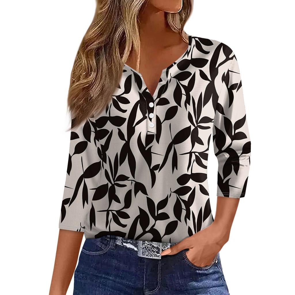 Women's T Shirt Tee Print Button 3/4 Sleeve Tunic Daily Weekend Fashion Basic V- Neck Regular Top