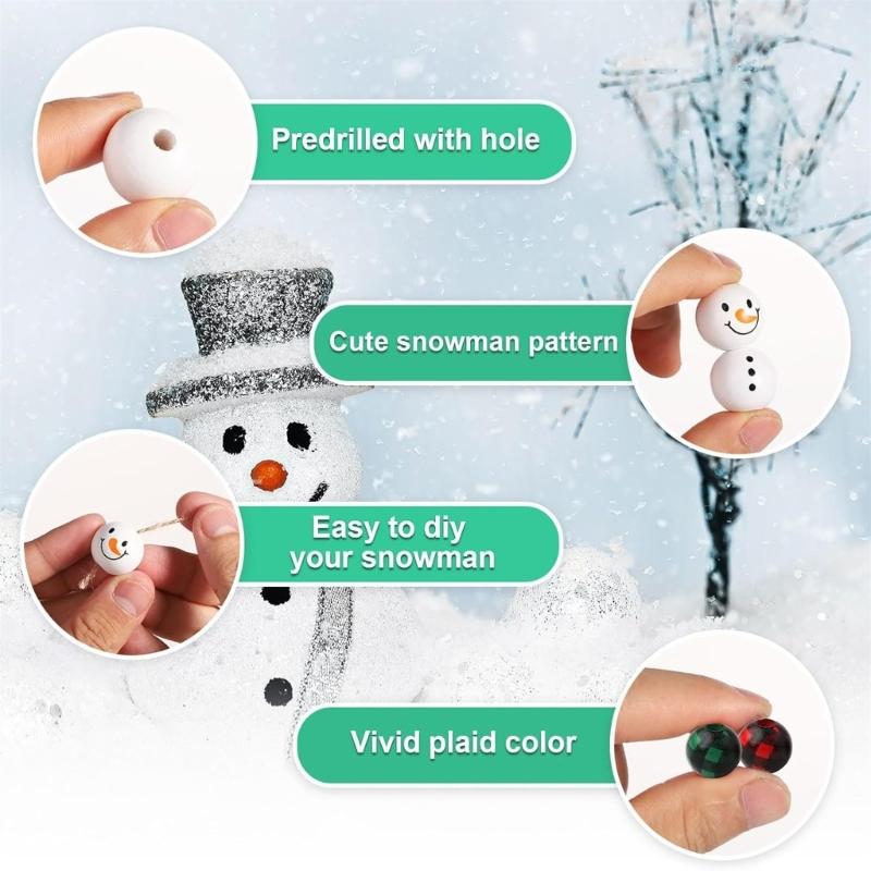 Christmas Wooden Beads for Craft Round Craft Beads Winter Snowmen Beads Crafts DIY Jewelry Making Home Party Decorations