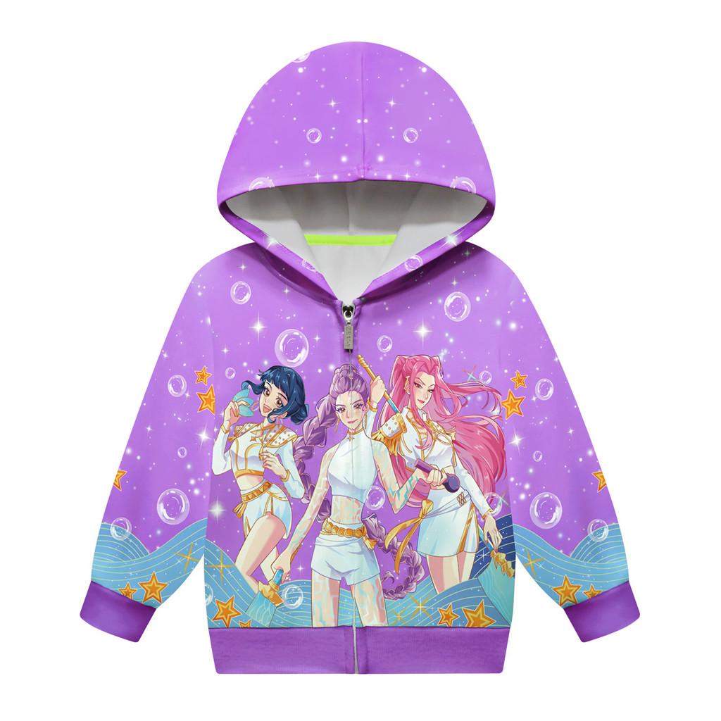 Dětská Dívčí POP Zpěvačka Rumi Zoey Mira Potištěná Neformální Mikina s Kapucí na Zip s Dlouhým Rukávem Bunda Kabát