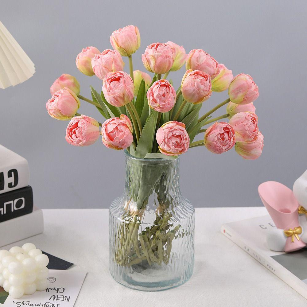 Photography Props 7 Heads Artificial Tulip Branches Real Touch Handmade Silk Tulip Flower Realistic Fake Flowers Birthday Decor
