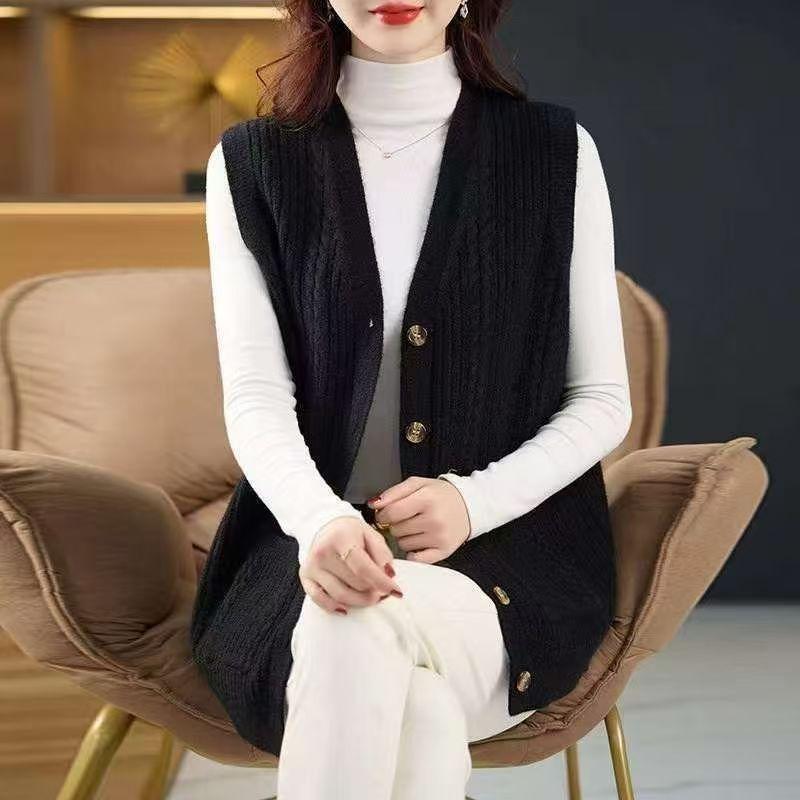 Gilet in Maglia da Donna Scollo a V Lavorazione a Treccia Colore Unito Gilet Cardigan Caldo Morbido Autunno Inverno