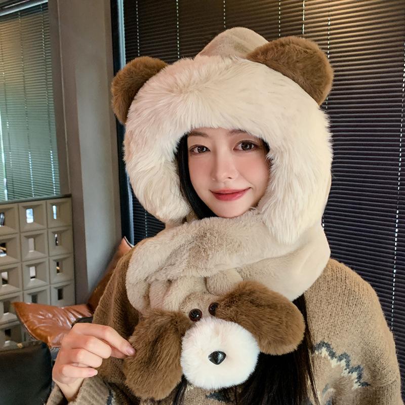Winter Cute Plush Bear Scarf Integrated Hat Women's Fashion Cold Protection Ear Protection Cover