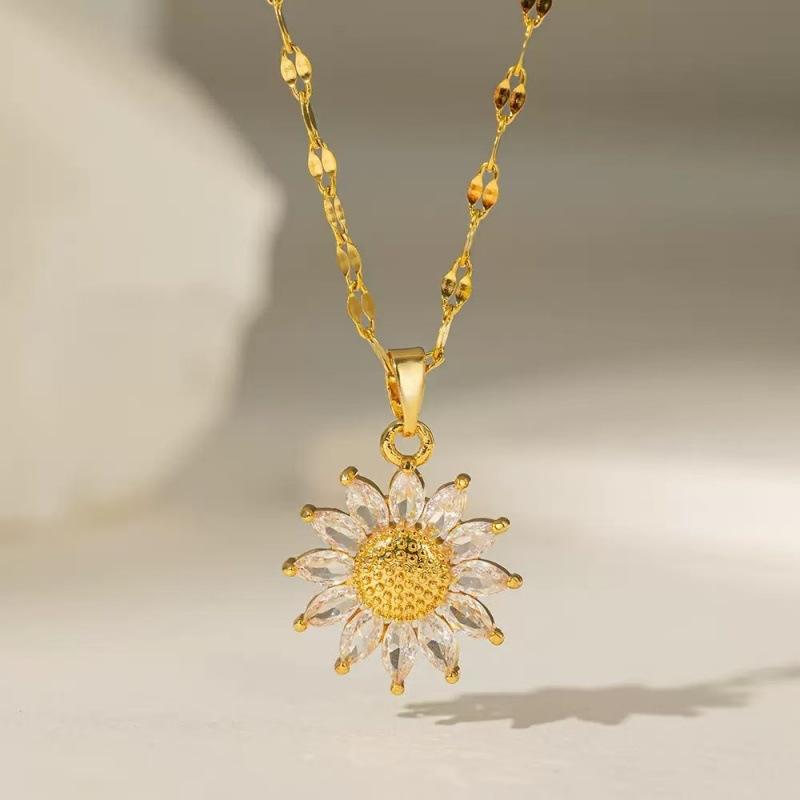 Shiny Sunflower Pendant Necklace For Women Girls Sweet Stainless Steel Clavicle Chain Jewelry Accessories Gift