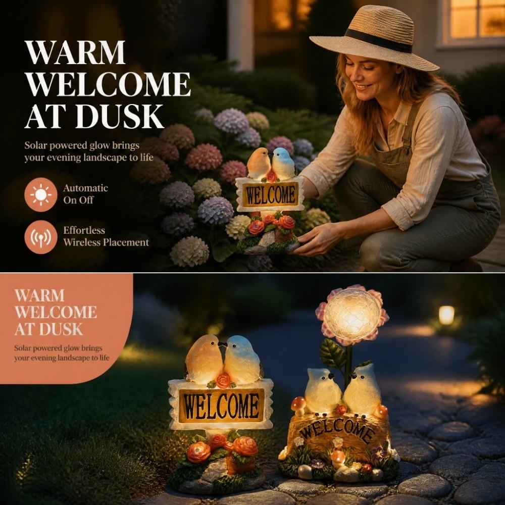 Warm Light Garden Welcome Sign Solar Powered Solar Resin Craft Bird Figurine  Patio Landscape