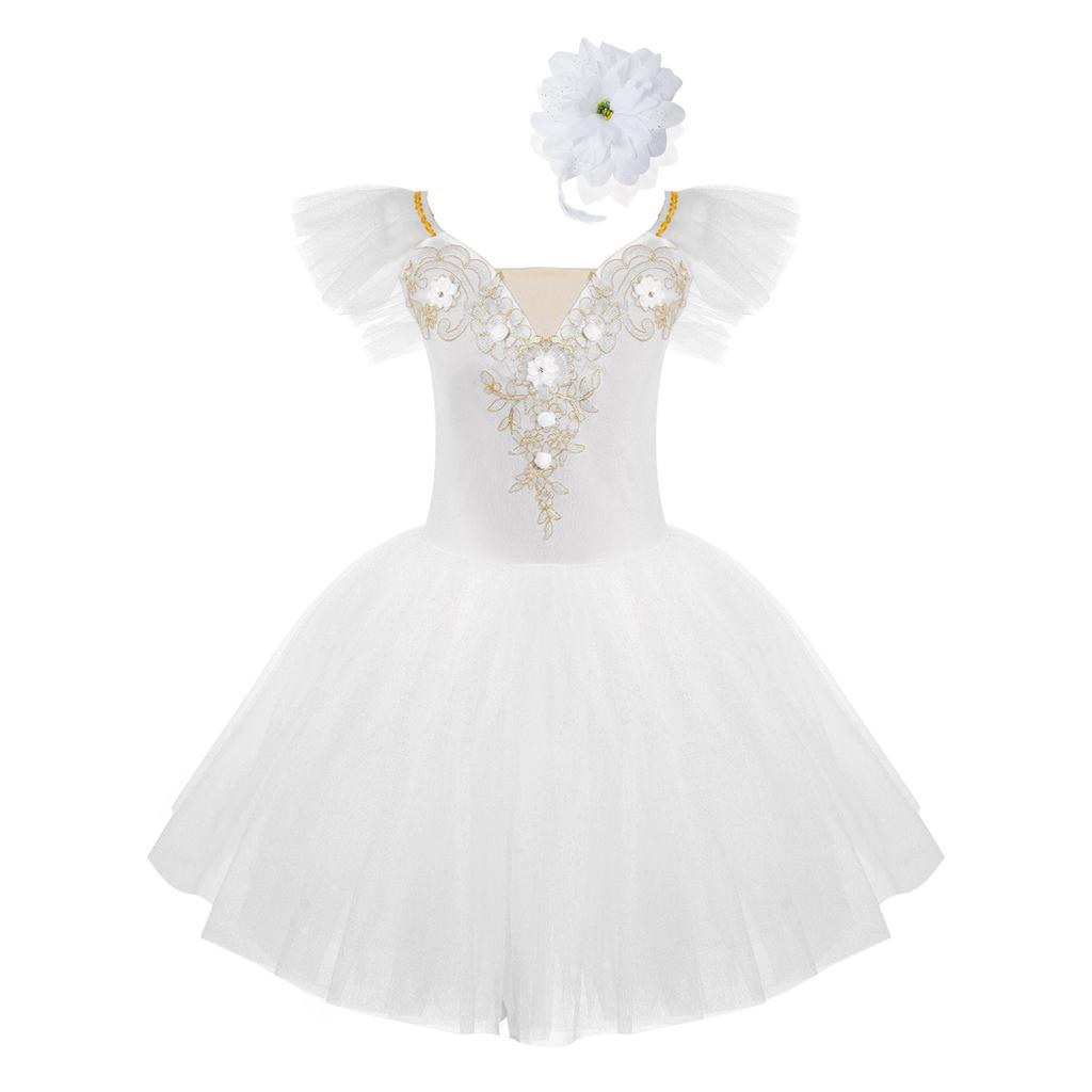 Girls Princess Tutu Dress with Flying Sleeves & Lace Flower Decor, Adjustable Spaghetti Straps, Mesh Skirt + Headdress for Dance Party