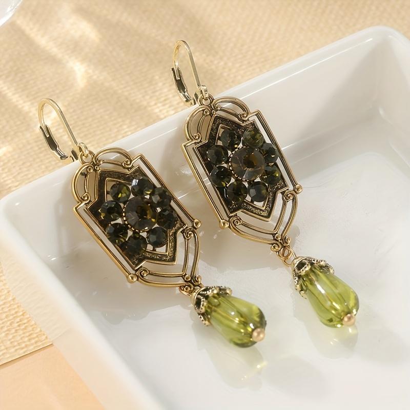 Art Nouveau Decorative Earrings Green Zirconia Antique Gold Color Boho Style for Daily Occasion Party