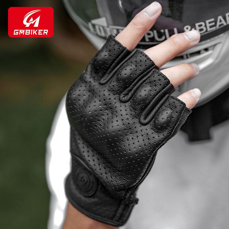 GMBIKER Genuine Leather Retro Motorcycle Half-Finger Gloves - Anti-Fall, Breathable, Full-Finger Optional for Summer Riding