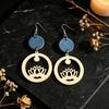 European-American Wood and Denim Patchwork Round Earrings