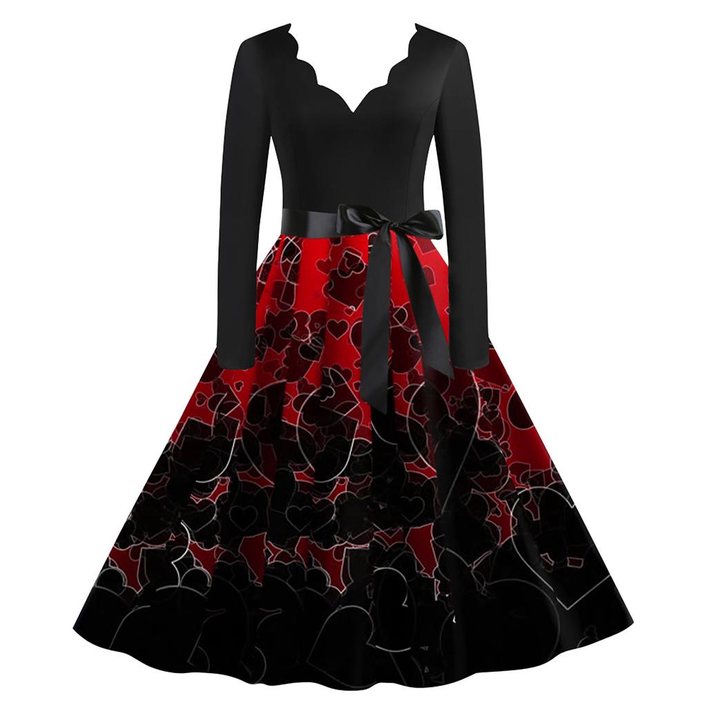 Women's Fashion Valentine's Day Casual Slim Fit Printed Big Hem Long Sleeve Dress