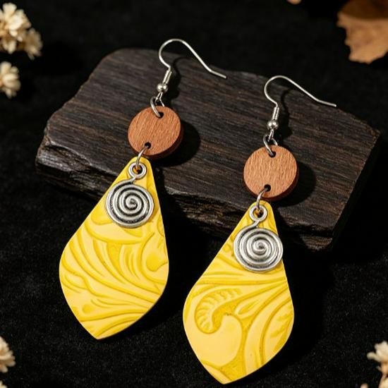 European Retro Water Drop Leather Earrings with Alloy and Wood Patchwork