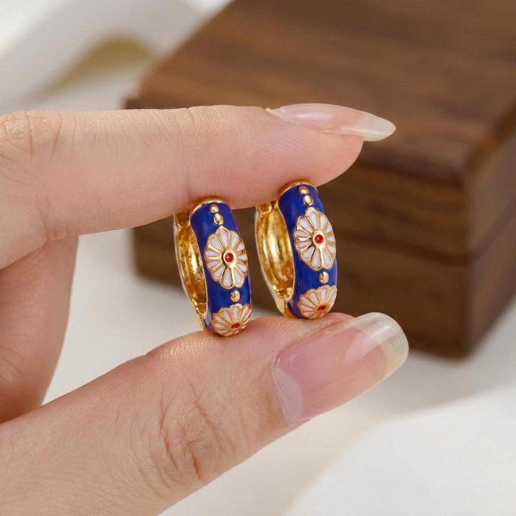 Vintage Colorful Enamel Daisy Chunky Hoop Earrings Gold Flower Circle Huggie Earrings For Women Party Jewelry