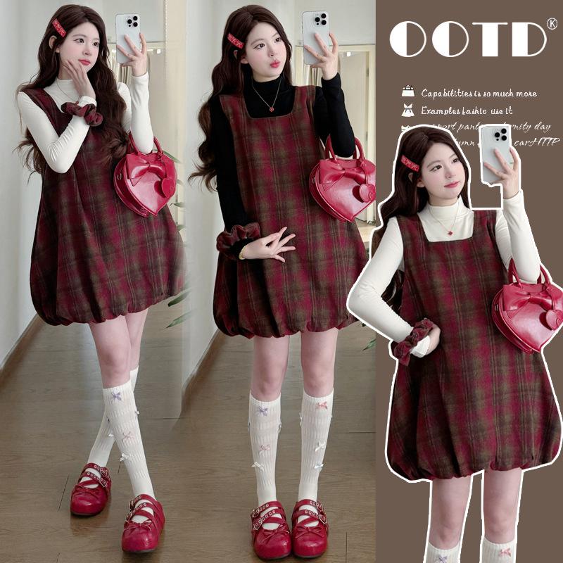 Maternity Retro Plaid Wool Dress & Overalls Set for Autumn/Winter 2026 - Petite Collection 2XL