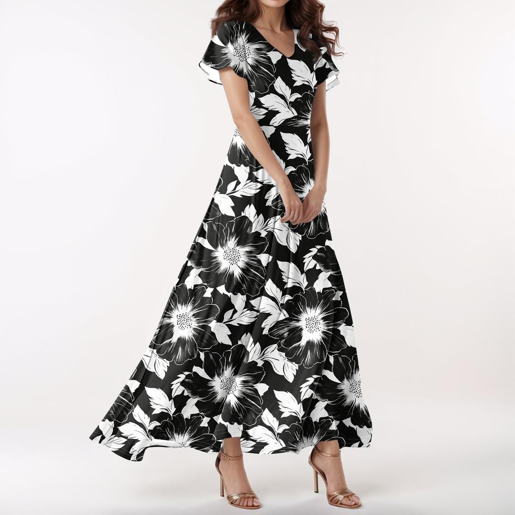 Lässiges Damenkleid mit V-Ausschnitt, kurzen Ärmeln und hoher Taille, Retro-Blumenblatt-Print