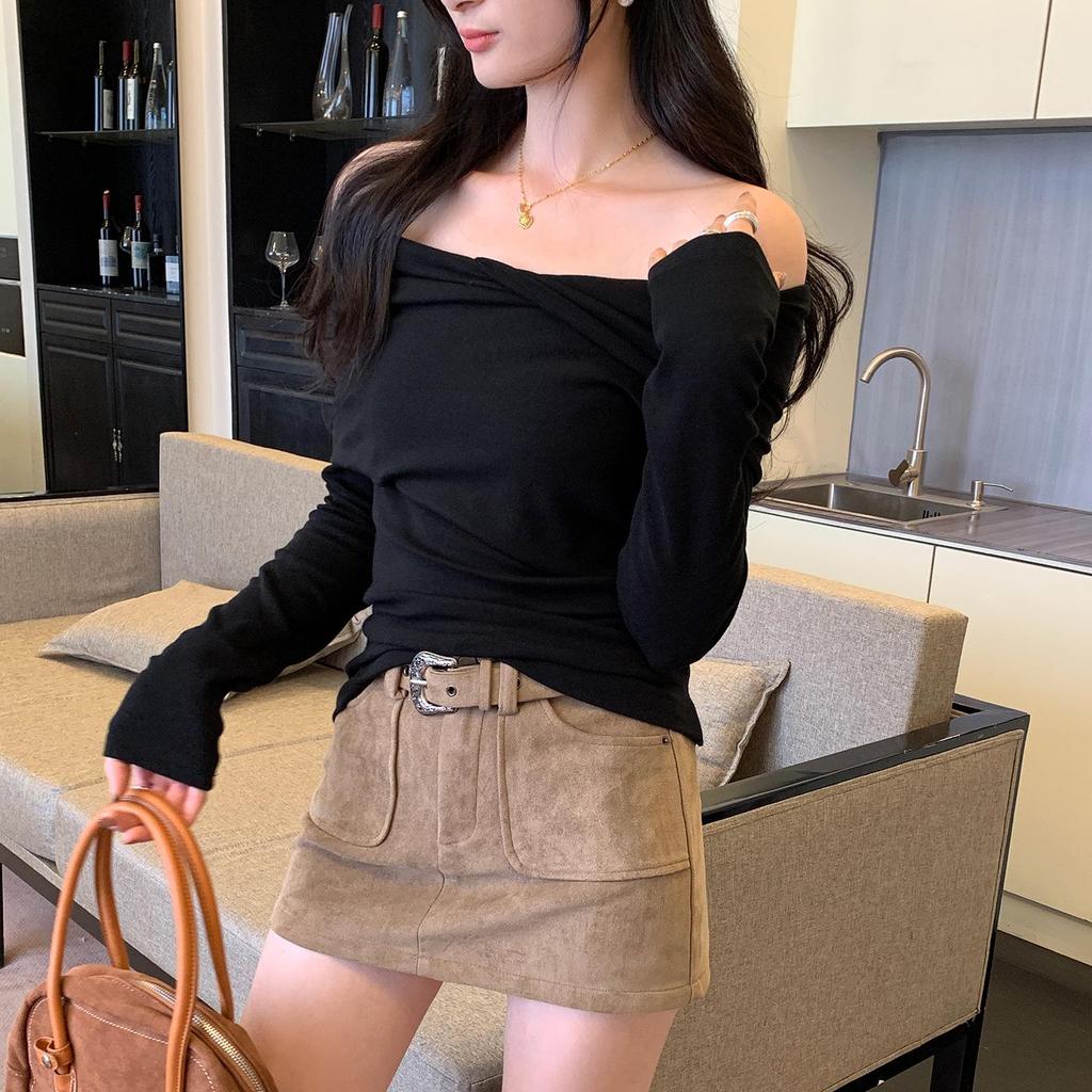 Korean Pure Desire Women's One-Shoulder Slimming Long-Sleeve Top - Autumn/Winter Fashion