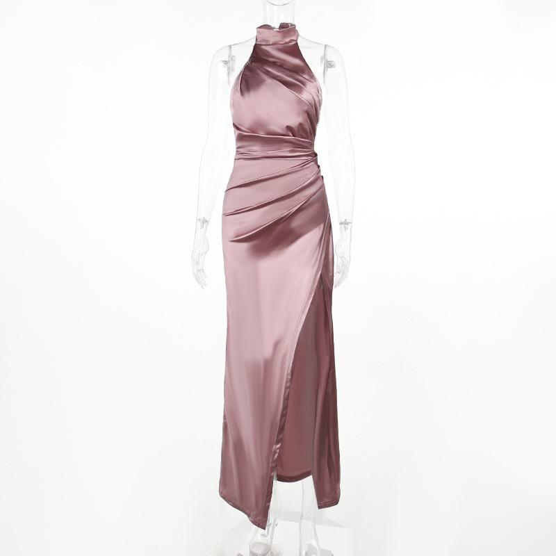 New Temperament Stand-up Collar Long Skirt Halterneck Sleeveless Slit Slim Dress Dress