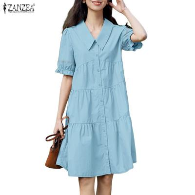 Women Casual Turn Down Collar Summer Short Sleeve Dress