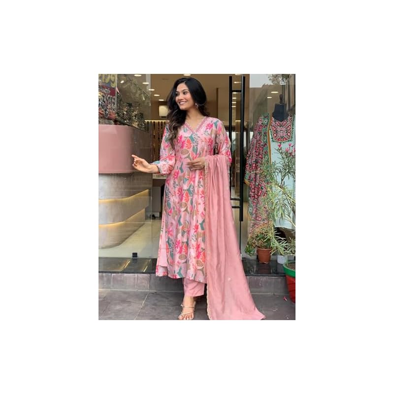 GoSriKi Women's Rayon Blend Printed Straight Kurta with Pant & Dupatta (Maslin-Multi-GS_XXL_Peach_XX-Large)
