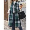 Women Plaid Print Flap Collar Sleeveless Jacket  Autumn Loose Fashion Single Breasted Long Thermal Vest