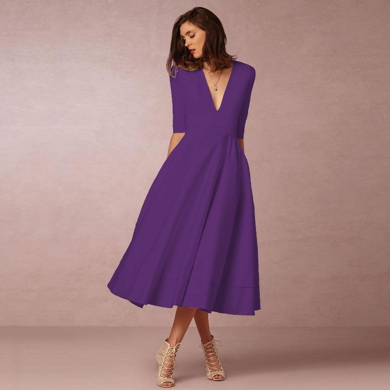 New Women's Evening Dress Sexy Deep Medium Sleeve Big Swing Dress