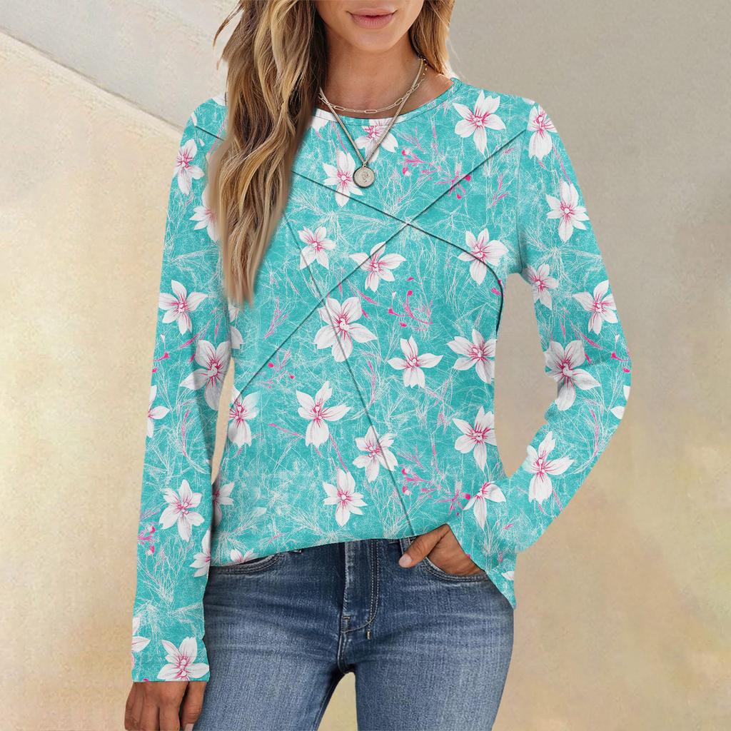 Mode Dam Långärmad Rundhals Casual Plisserad Blommig Lös Topp