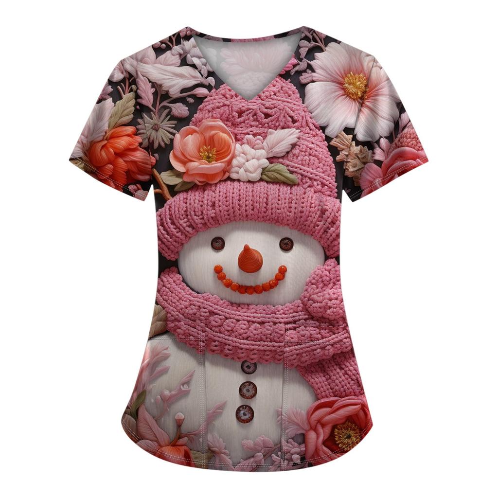 Women's Christmas Printed  Uniform Work Uniform V Neck Pocket Protective Uniform