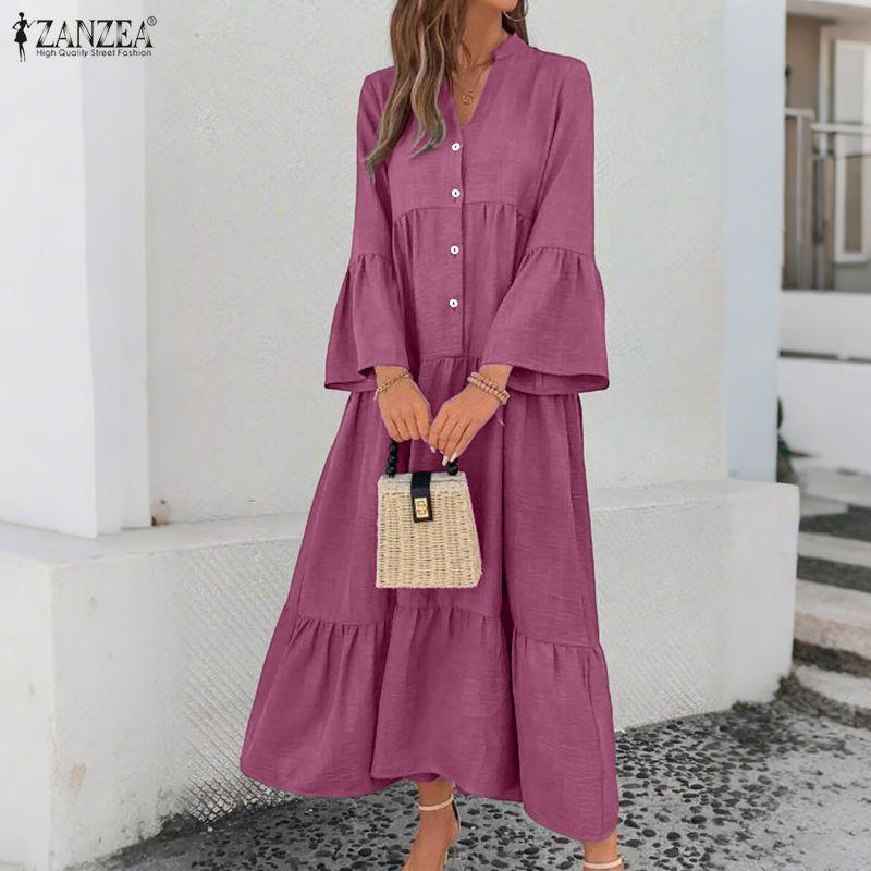 ZANZEA Rochie Casual de Vacanță pentru Femei cu Decolteu în V, Largă, cu Mâneci Lungi Cloș