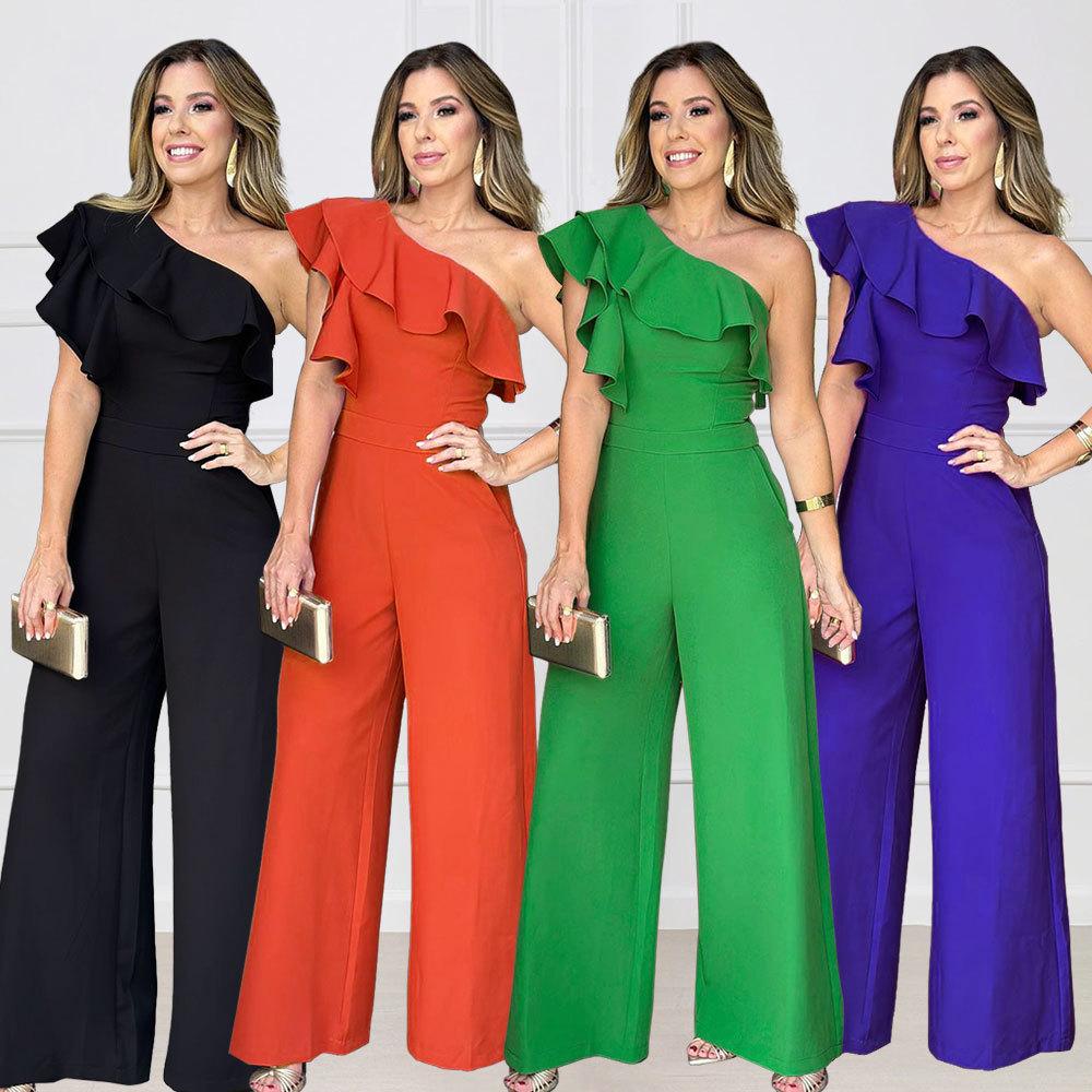 Women's One Shoulder Sleeveless Solid Jumpsuit Slim Fit High Waist Ruffle Wide Leg Romper