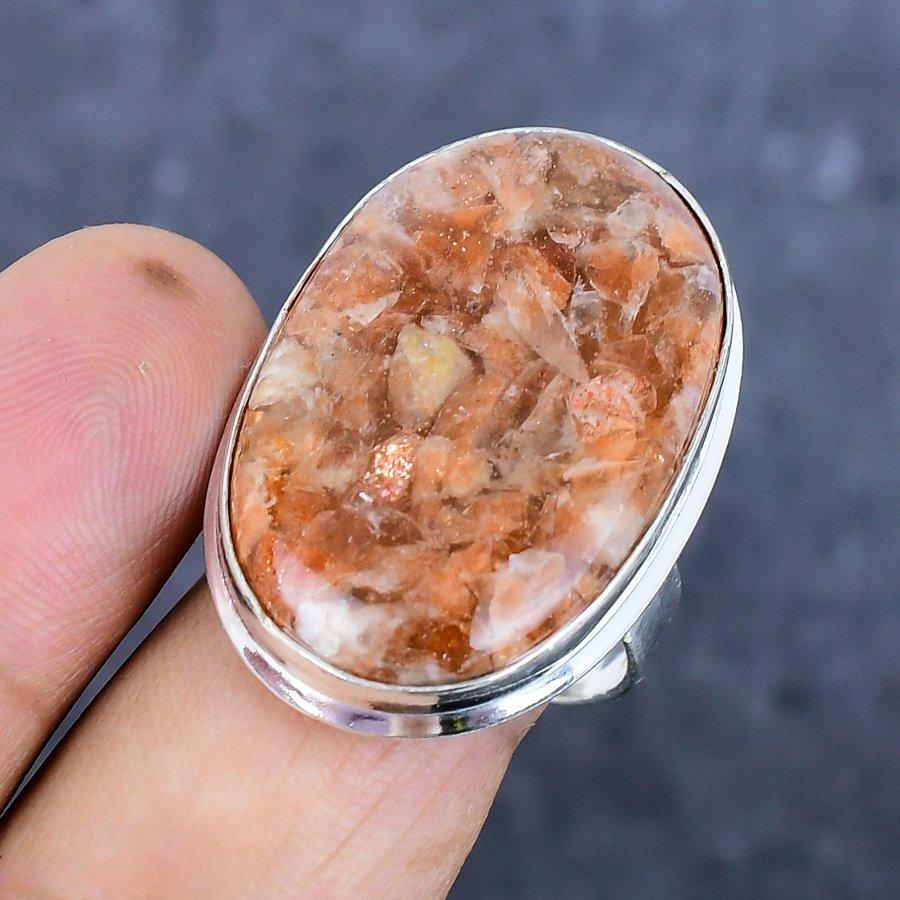 Natural Sunstone Gemstone Handmade 925 Sterling Silver Jewelry Ring Size 9 J6G85