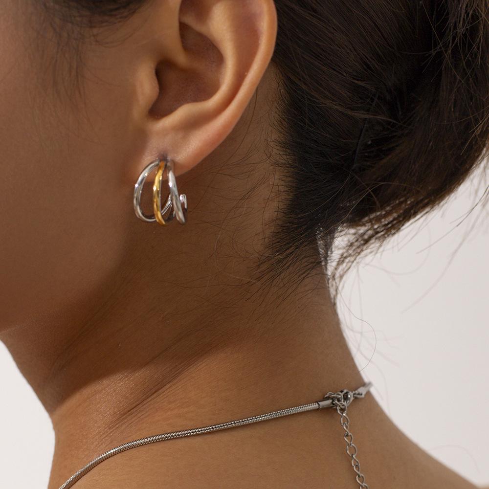 INS French Niche Geometric Titanium Steel Earrings: 18K Gold Three-Line Design for Women
