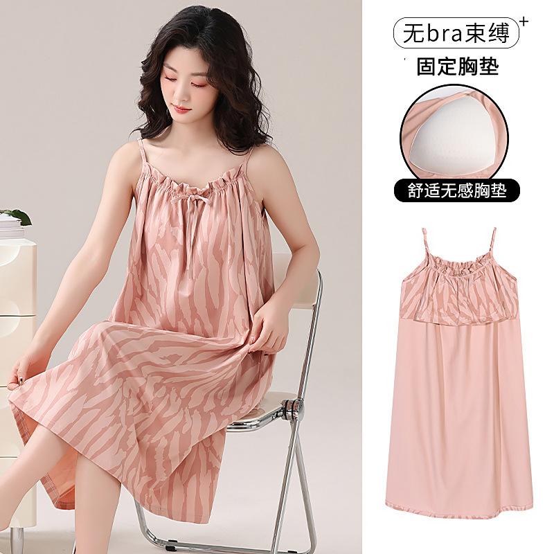 Women's camisole nightdress, summer pure cotton sexy mid-length loungewear, plus-size pad pajamas, pure and sweet style