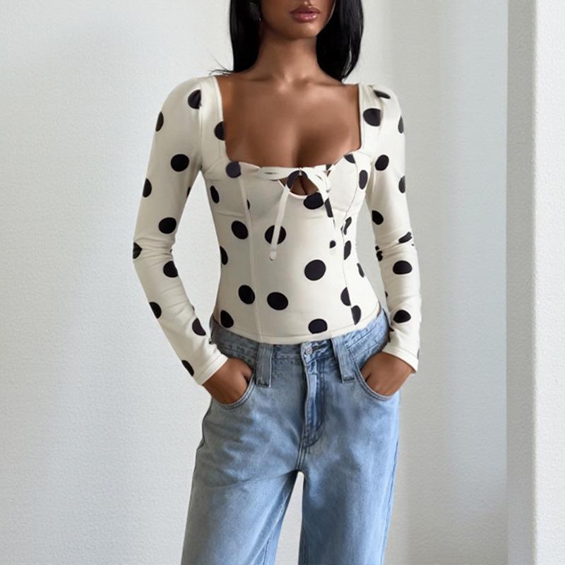 2025 Winter Fashionable Polka Dot Lace-up Slim Long-sleeved Women's T-shirt