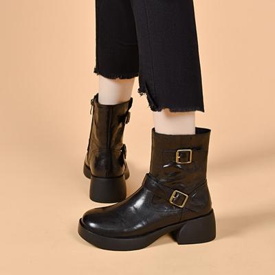 Medium Boots Women's Autumn and Winter Round Head Thick Heel Martin Boots Double-breasted Belt Buckle Casual Leather Boots Women's Cotton Boots