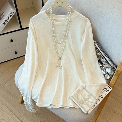 Chinese National Style White Jacquard Long Sleeve Women's Top with Beaded Embroidery