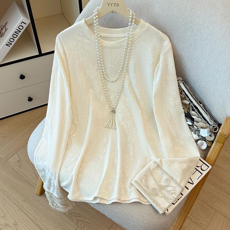 Chinese National Style White Jacquard Long Sleeve Women s Top with Beaded Embroidery Medium шампанского