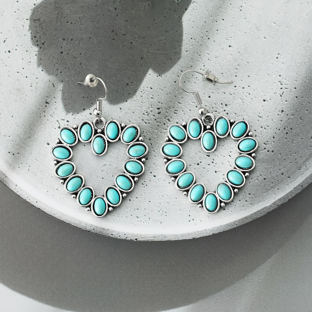 Hollow Turquoise Love Earrings High Sense Retro Ethnic Style Earrings Female Bohemian Earrings