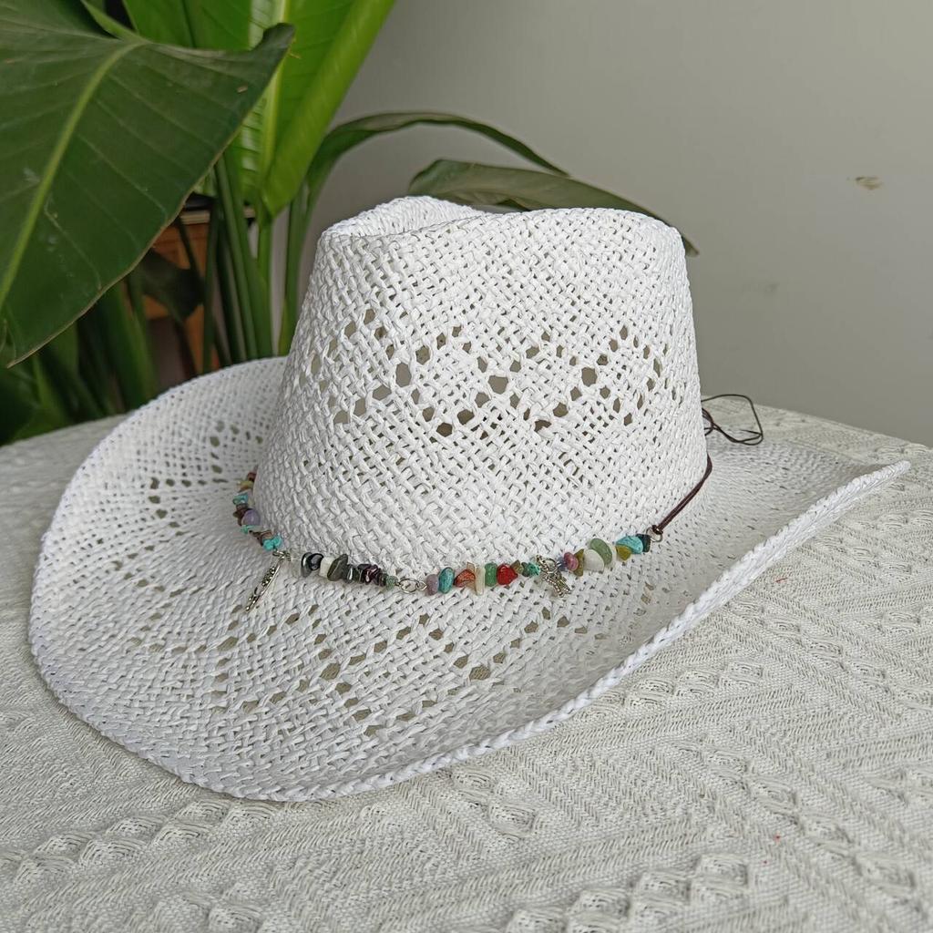 2026straw New cowboy hat women'shollow woven cowboy straw hat retro elegant western cowboy wide brim hat