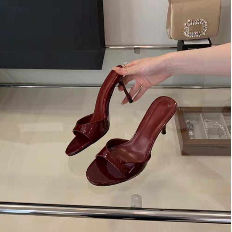 Wine Red Patent Leather Women Slippers Sandals Round Open Toe Thin High Heels Mules Slides Summer Party Dress Shoe