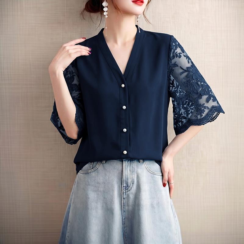 ZANZEA Women Lace Splice Half Sleeve Casual V-Neck Elegant Blouse M