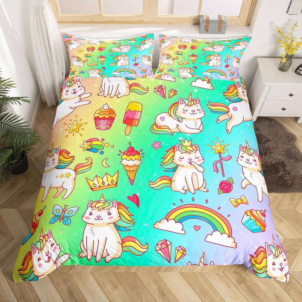 Comforter Cartoon Cat Unicorn Sweet Strawberry Milk Bedding Set Pet Animals Comforter Desserts Cakes Food