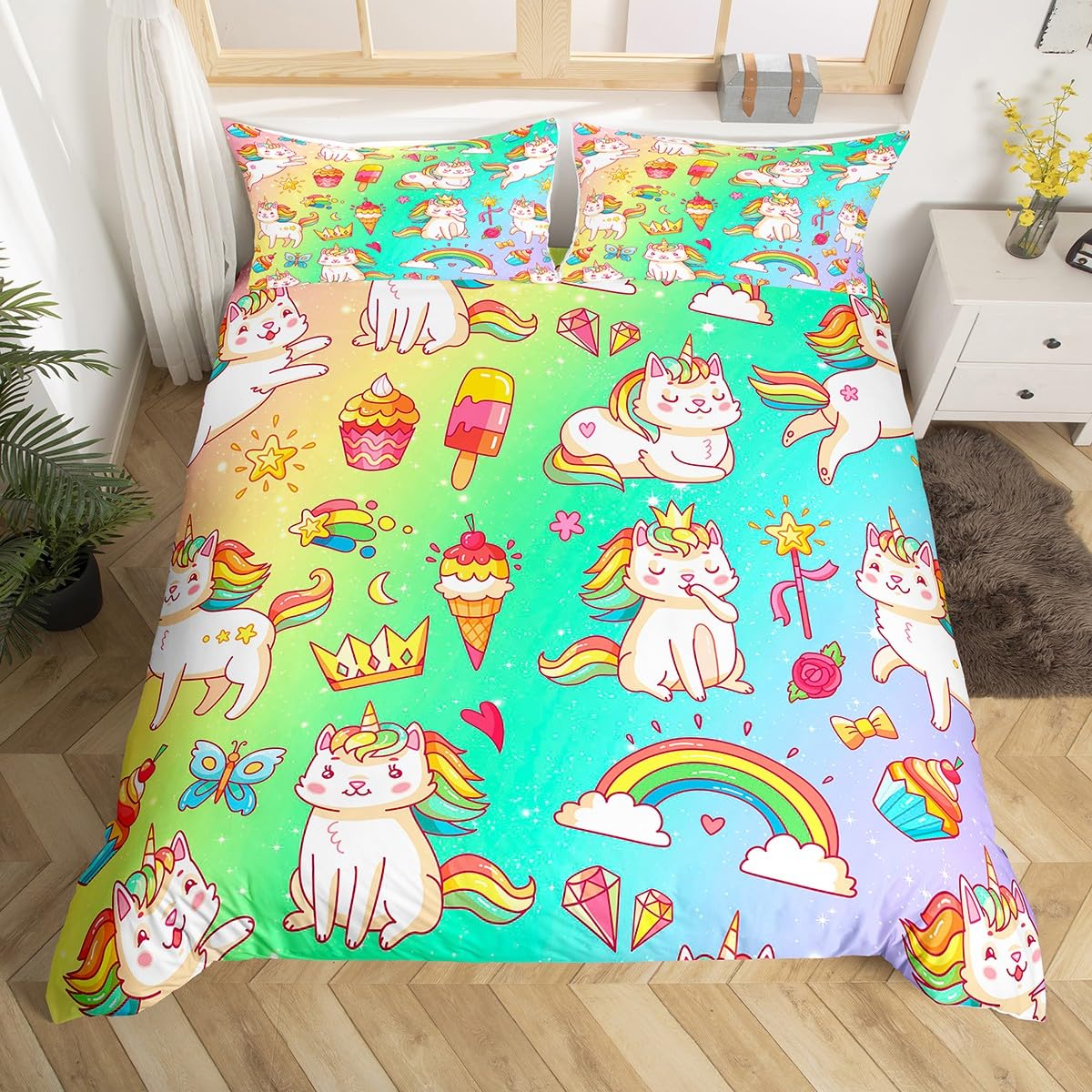 

Carton Cat Unicorn Soft Duvet Cover Swet Strawbery Milk Beding Set Pet Animals Warm Comforter Cover Deserts Cakes Fod Comfortable Quilt Cover 120*200cm Single