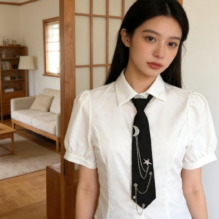 Student Pre Tied Neck Ties Preepy Look Rhinestones Star Metal Chain Dark Tie Cravat Neck Wear Accessories