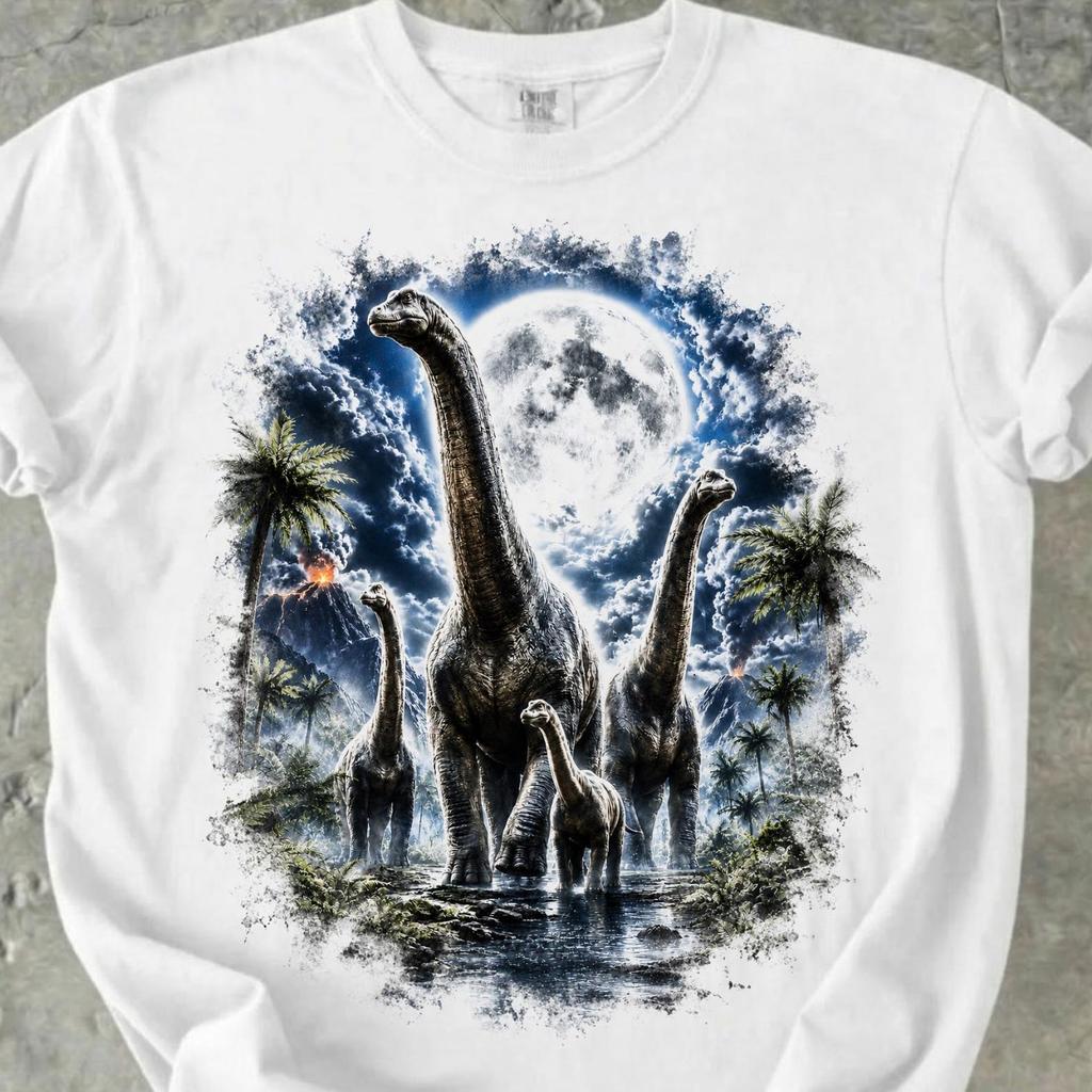 Comfort Colors Jurassic Dinosaur Shirt, Retro Long Neck Dinosaur Tee, Moonlit Prehistoric Graphic Shirt, Dinosaur Lover Gift
