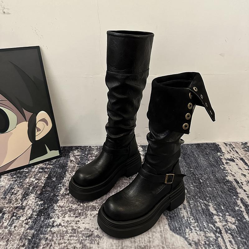 Stivali da motociclista con plateau da donna, con cinturino e fibbia, suola spessa, nuovi stivali da cavaliere western in pelle PU nera alla moda da donna